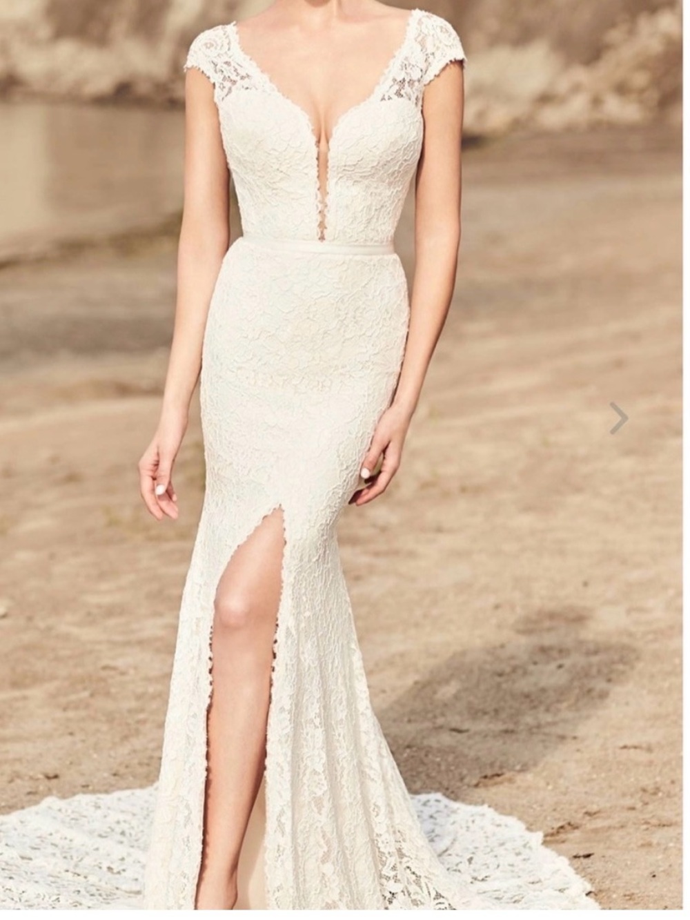 Mikaella Bridal Ivory Lace V-Neck Cap-Sleeve Wedding Gown with Front Slit